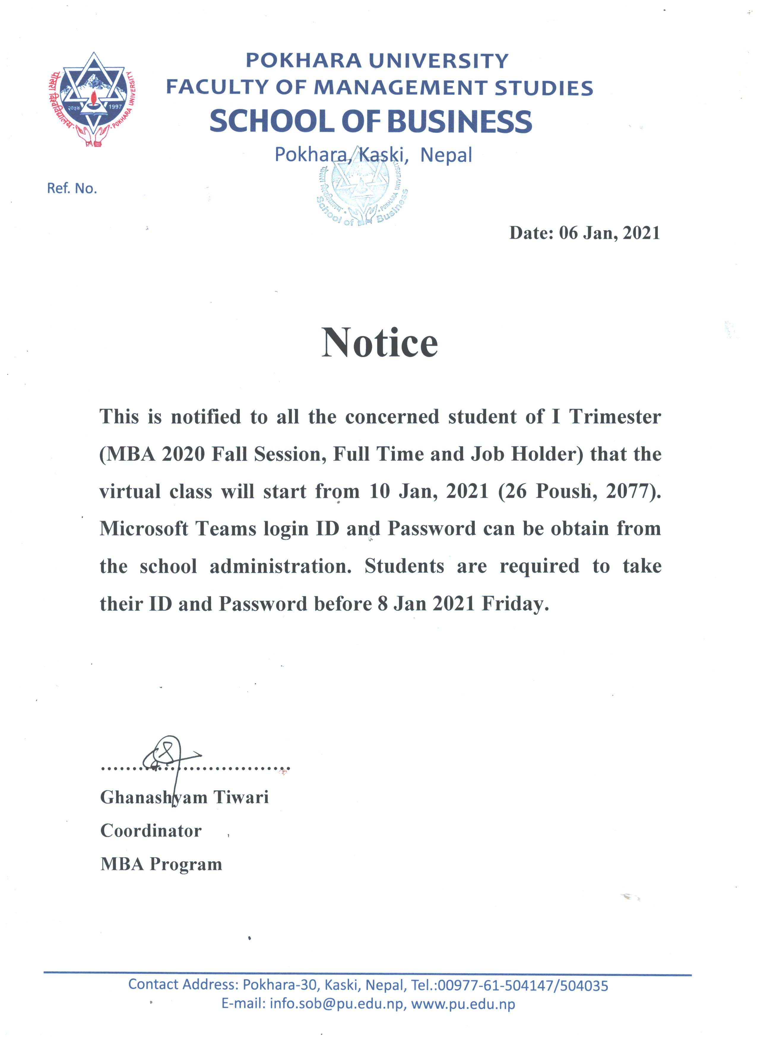 Class Start Notice Of 2020 Fall Session I Trimester